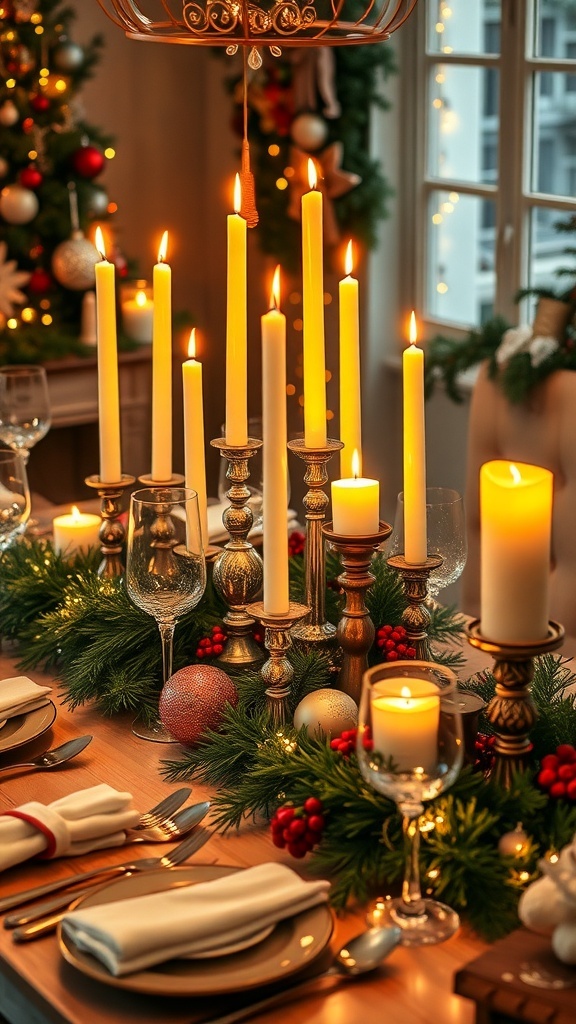 A festive Christmas table with candles, greenery, and ornaments creating a warm and inviting atmosphere.